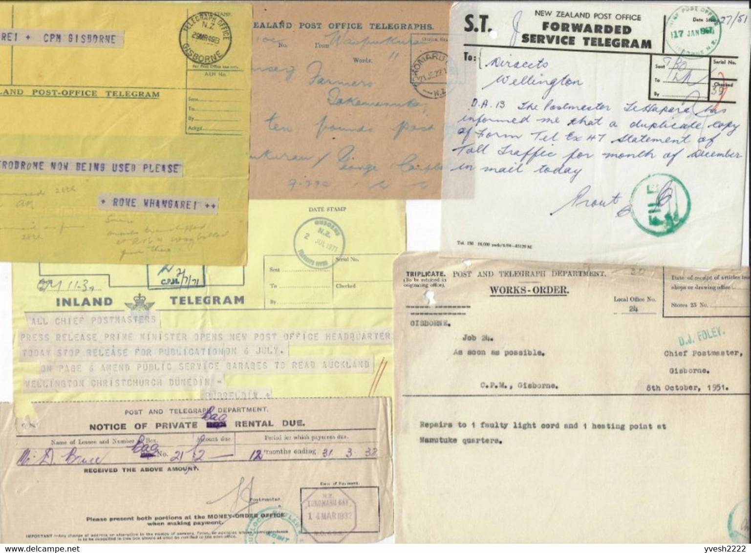 Nouvelle Zélande. Lot de télégrammes, d'enveloppes de télégrammes et formulaires utilisés par les télégraphes