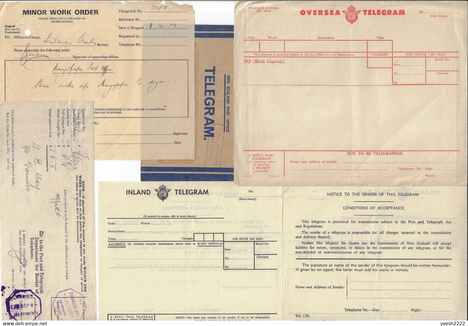 Nouvelle Zélande. Lot de télégrammes, d'enveloppes de télégrammes et formulaires utilisés par les télégraphes