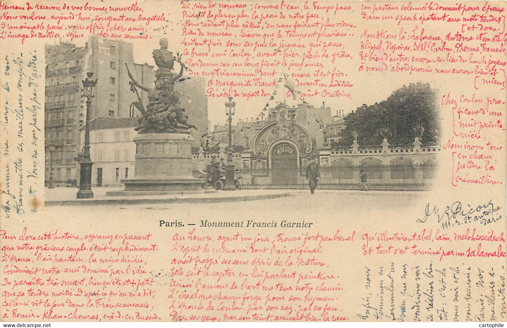 75 - PARIS - Statue De Francis Garnier Devant Le Bal Bullier - Poeme De Picon écrite Par L'expéditeur En 1904 - Standbeelden