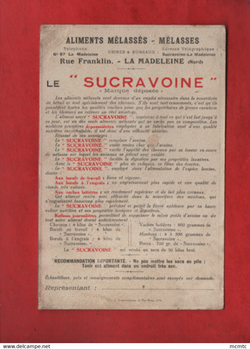 Carte -  Le Sucravoine - Aliments Mélassée - Usines Et Bureaux - La Madeleine -( Nord) Cheval,vaches,porc Cochon,moutons - Crías