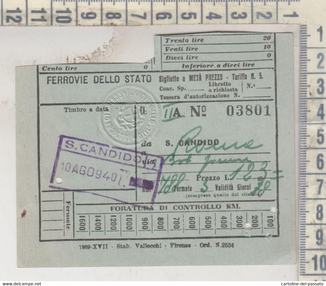 Biglietto Ferrovie Dello Stato S. Candido 1940 - Europe