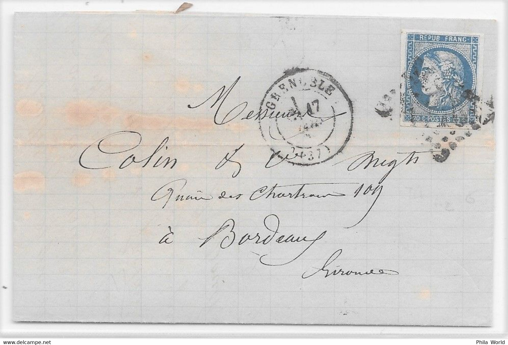 LAC Emission De BORDEAUX - 1870 - YT 46B Type III ND 20c Bleu Au Départ De GRENOBLE Isère > BORDEAUX Gironde - 1870 Bordeaux Printing