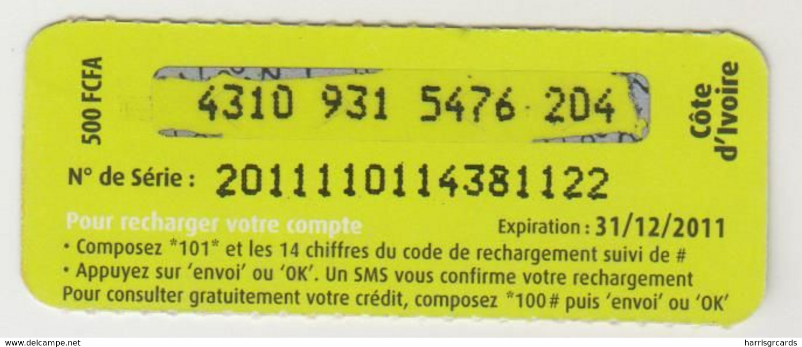 CENTRAL AFRICAN REPUBLIC - Green (mini), Moov Recharge, Expire Date 31/12/2011, 500 Fcfa, Used - Zentralafrik. Rep.