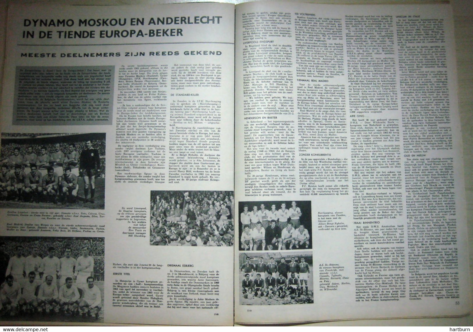 Voetbal (11.06.1964) Dynamo Moscou - Anderlecht, Benfica Lissabon, Real Madrid, Liverpool, A.S. St Etienne, Norrkoeping - Other & Unclassified