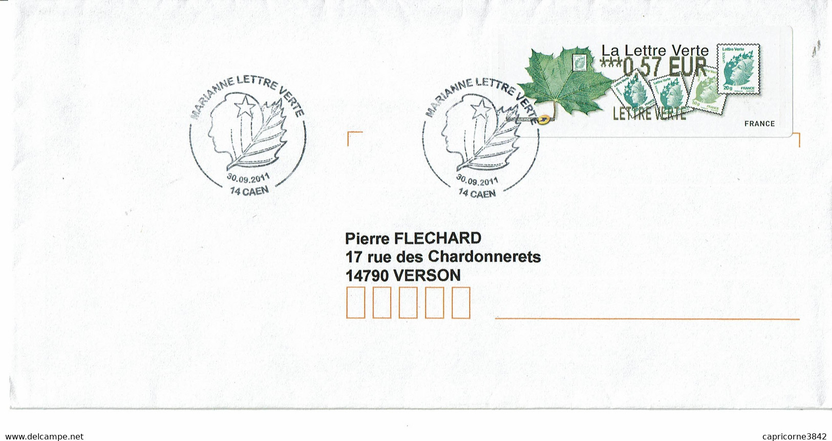 2011 - MARIANNE DE BAUJARD - Lisa La Lettre Verte 20gr  - Oblitération 1er Jour CAEN - 2010-... Illustrated Franking Labels