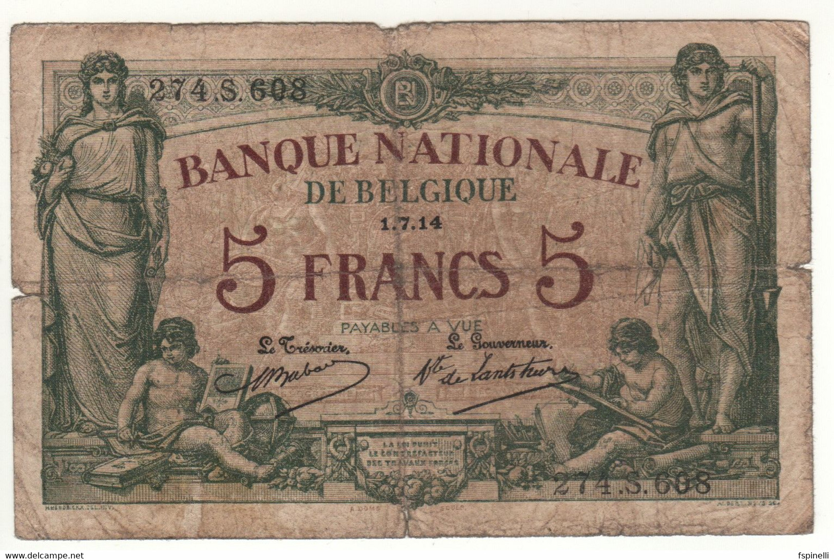 BELGIUM   5 Francs P75a   Dated  01-07-14   ( Allegorical Woman & Man/boy ) - 5-10-20-25 Franchi