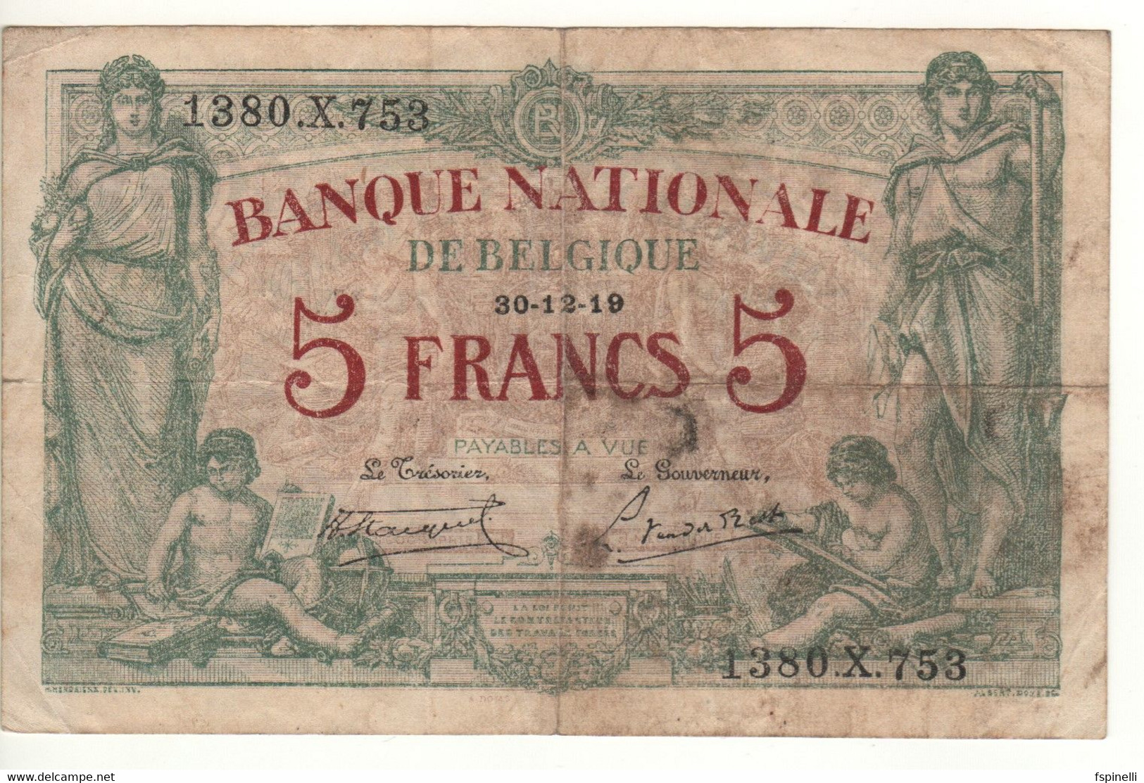 BELGIUM   5 Francs P75b   Dated  30-12-19   ( Allegorical Woman & Man/boy ) - 5-10-20-25 Frank