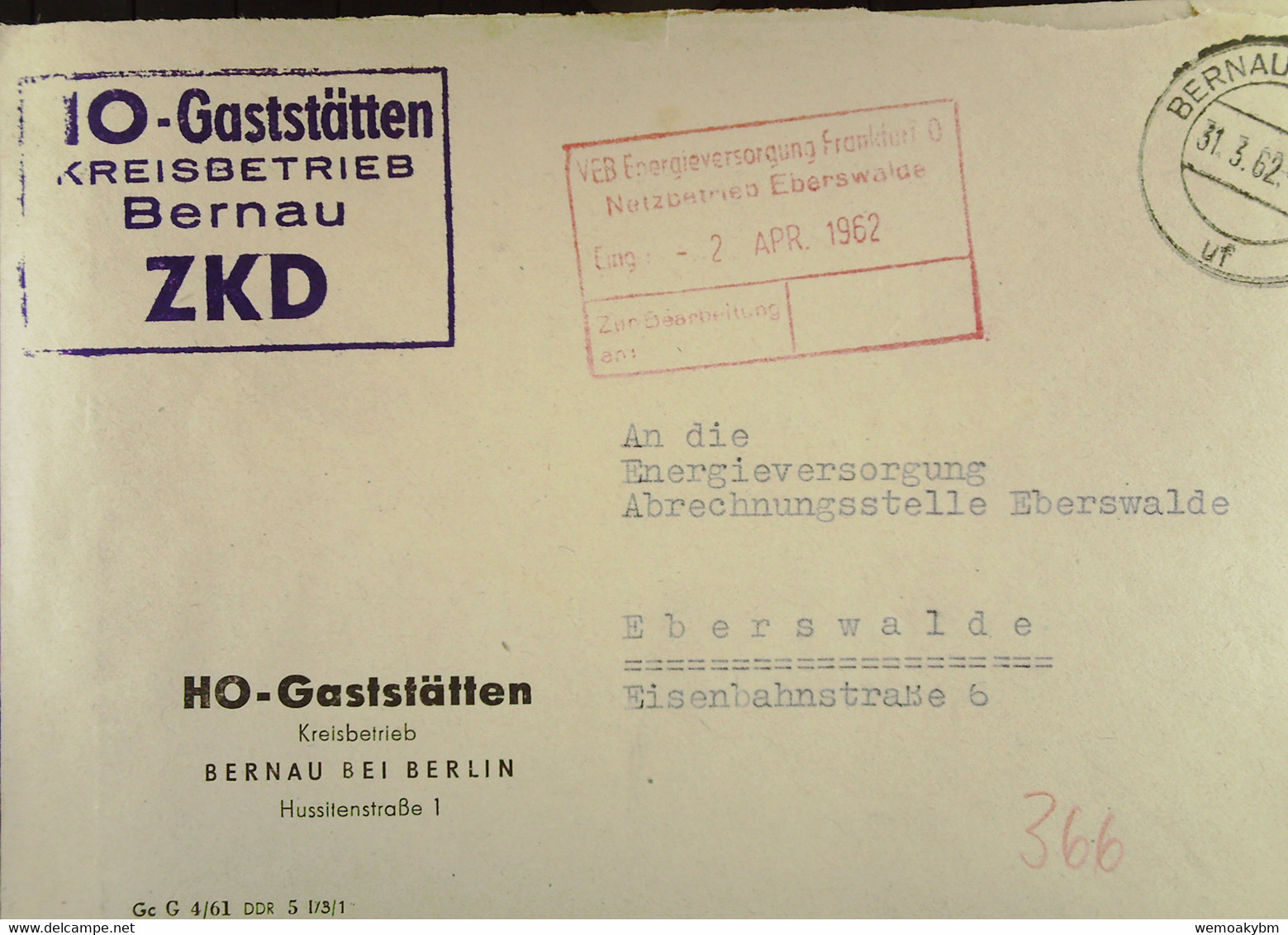 Fern-Brief Mit ZKD-Kastenstempel "HO-Gaststätten Kreisbetrieb Bernau" Vom 31.3.62 An VEB Energieversorgung Eberswalde - Central Mail Service