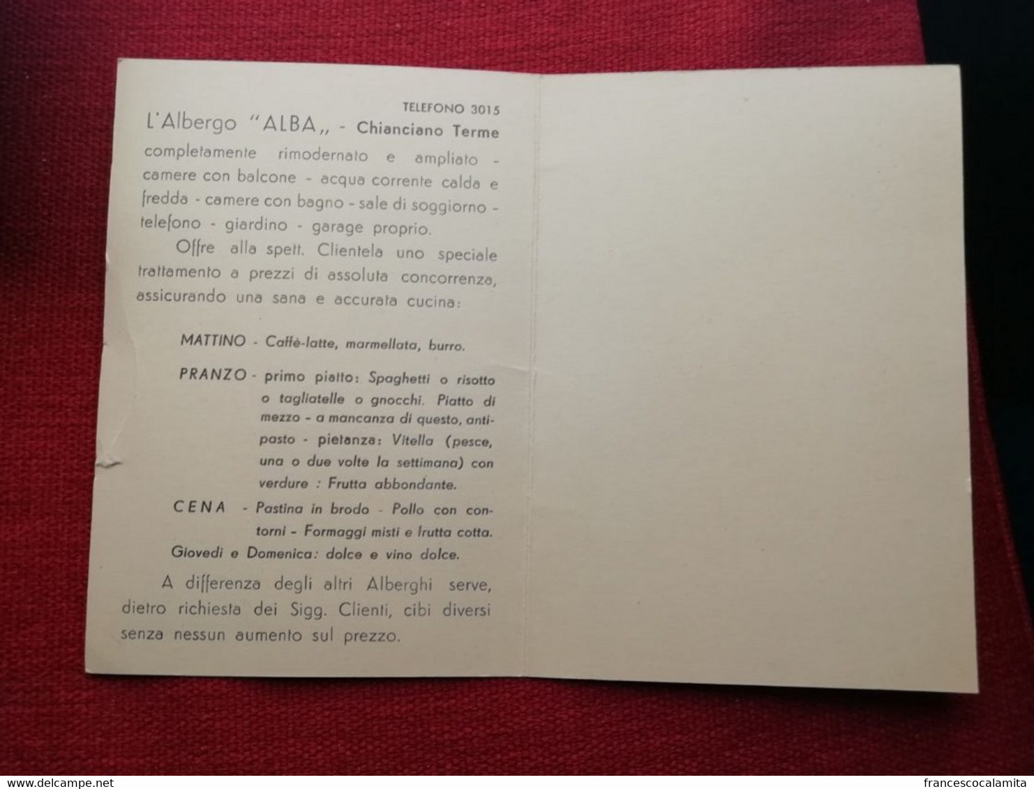 15 - CARTOLINA MENU ALBERGO - ALBA- CHIANCIANO TERME - Andere & Zonder Classificatie