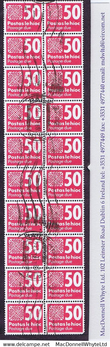 Ireland Postage Due 1985 50p Cerise Used Block Of 20 Cancelled Dublin Roller BAILE ATHA CLIATH 23 11 85, Two Damaged - Segnatasse