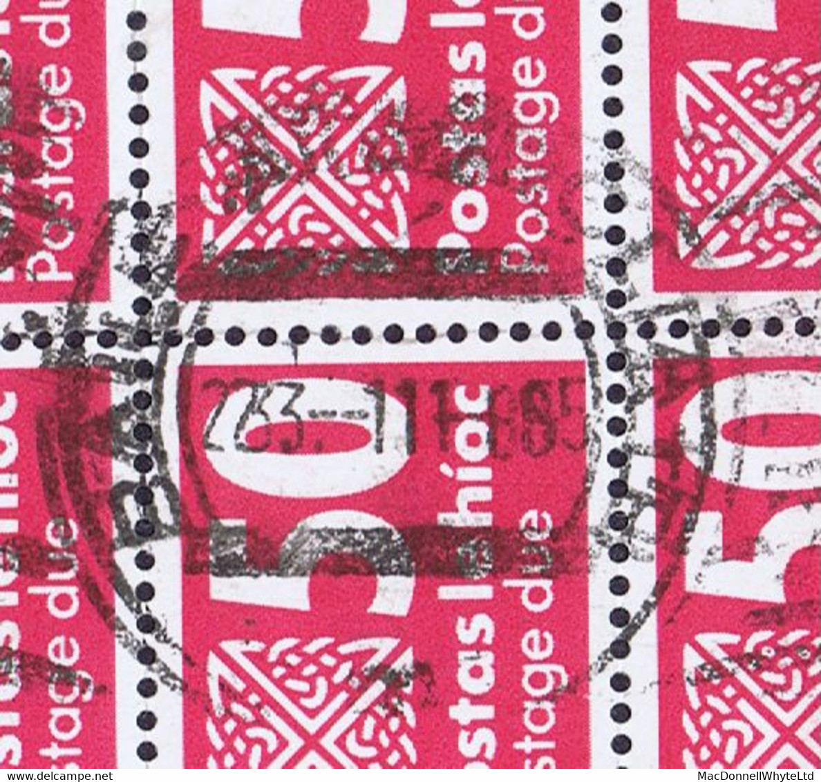 Ireland Postage Due 1985 50p Cerise Used Block Of 20 Cancelled Dublin Roller BAILE ATHA CLIATH 23 11 85, Two Damaged - Segnatasse