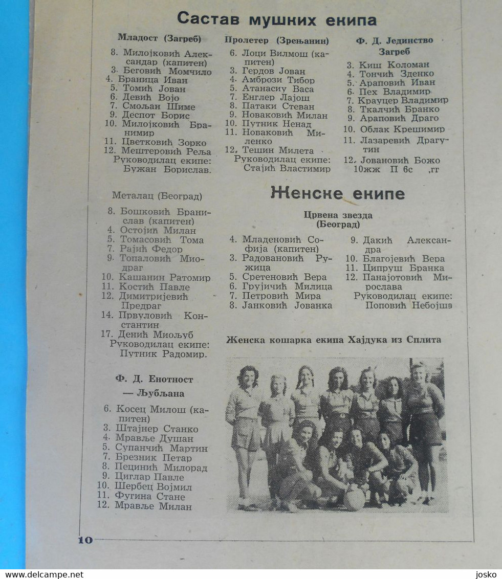 YUGOSLAVIA BASKETBALL CHAMPIONSHIP 1948 programme - FD Jedinstvo Enotnost Ljubljana (Olimpija) Proleter Mladost Metalac