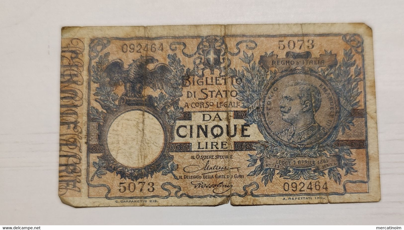5 Lire 1922 Biglietto Di Stato - Italia – 5 Lire