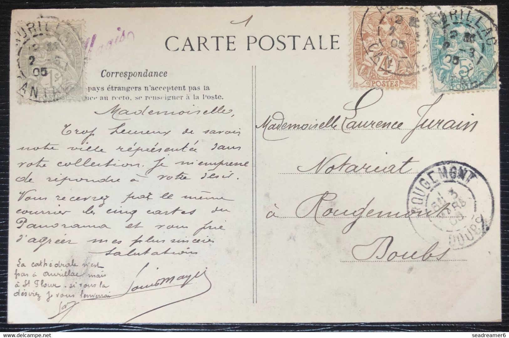 Carte Postale Tricolore Blanc N° 107, 110 & 111 Obl D'Aurillac Pour Rougemont TTB - 1900-29 Blanc