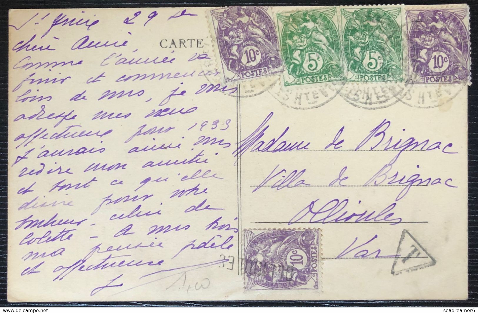 Carte Postale Tarif à 40c Blanc N° 111x2 & 233x3 Dont 1 Obl Griffe Linéaire D'Ollioules RR - 1900-29 Blanc