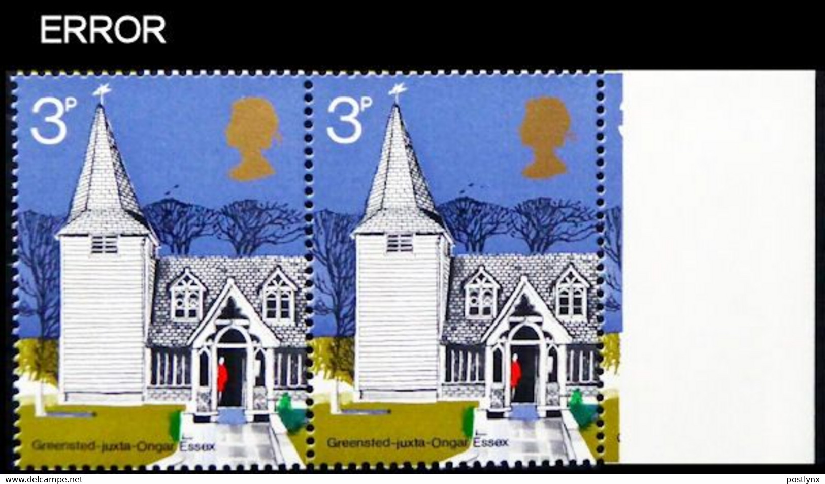 CV:€57.20 Great Britain 1972 Churches Greensted Juxta Ongar Essex 3p MARG.PAIR ERROR:no Emboss No Phosphor - Variétés, Erreurs & Curiosités