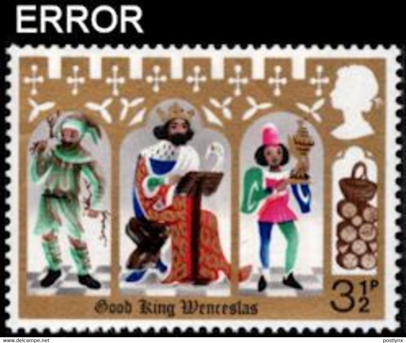CV:€204.00 Great Britain 1973 Christmas Three Knights Wood Pile 3½p ERROR:shift Green - Errors, Freaks & Oddities (EFOs