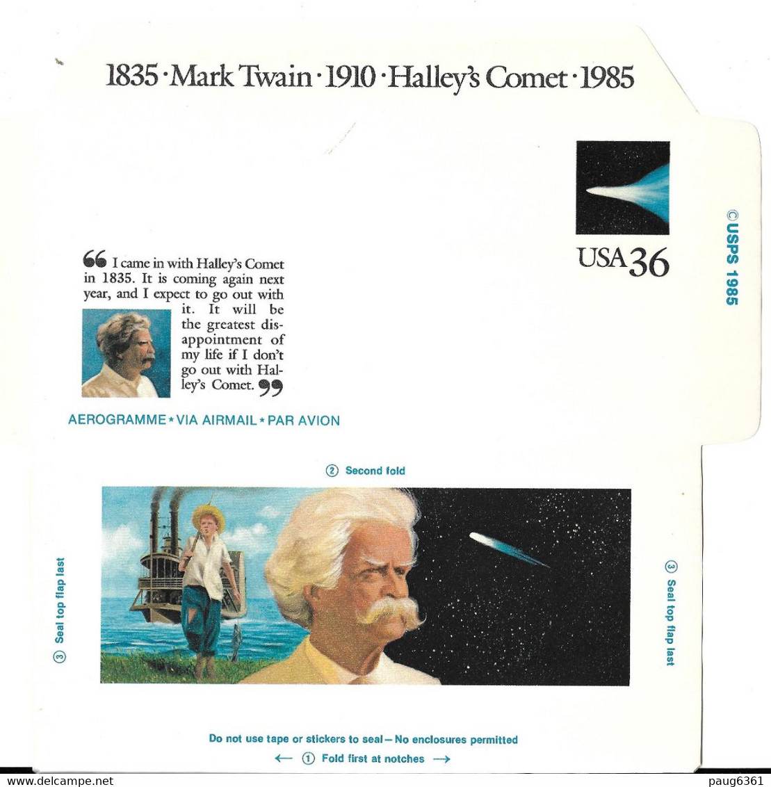 USA   1985 AEROGRAMME "MARK TWAIN-COMETE DE HALLEY" - 1981-00