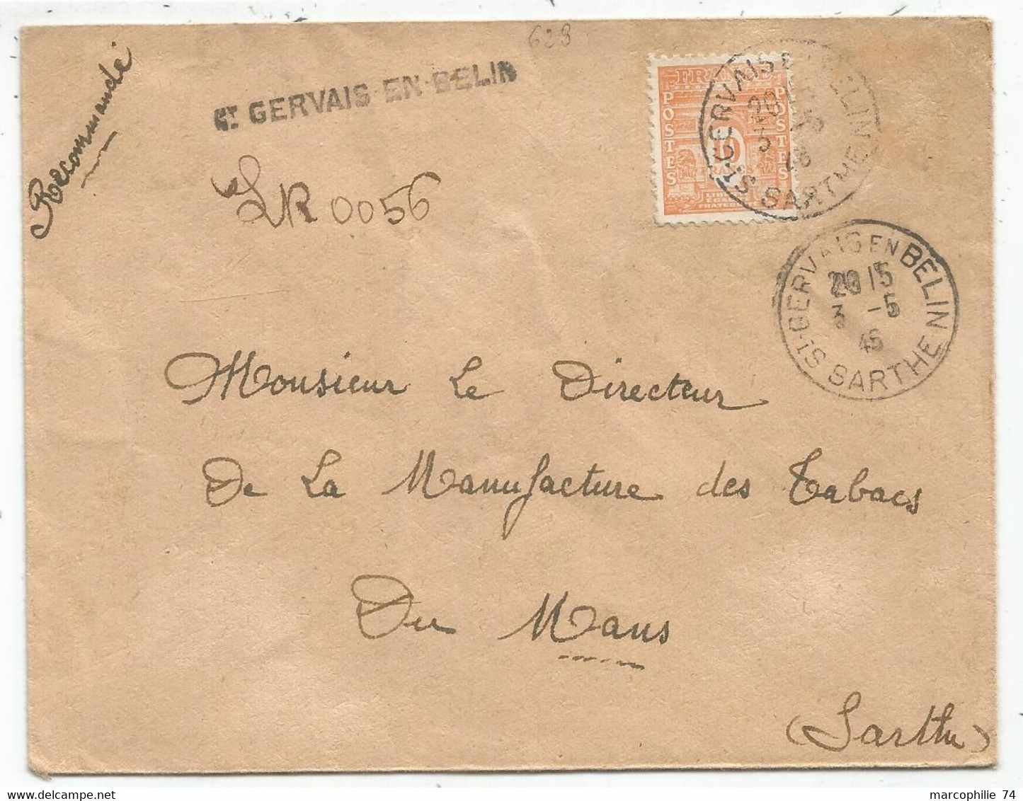 N°629 SEUL LETTRE REC PROVISOIRE ST GERVAIS EN BELIN 3.5.46 SARTHE AU TARIF - 1944-45 Arc De Triomphe