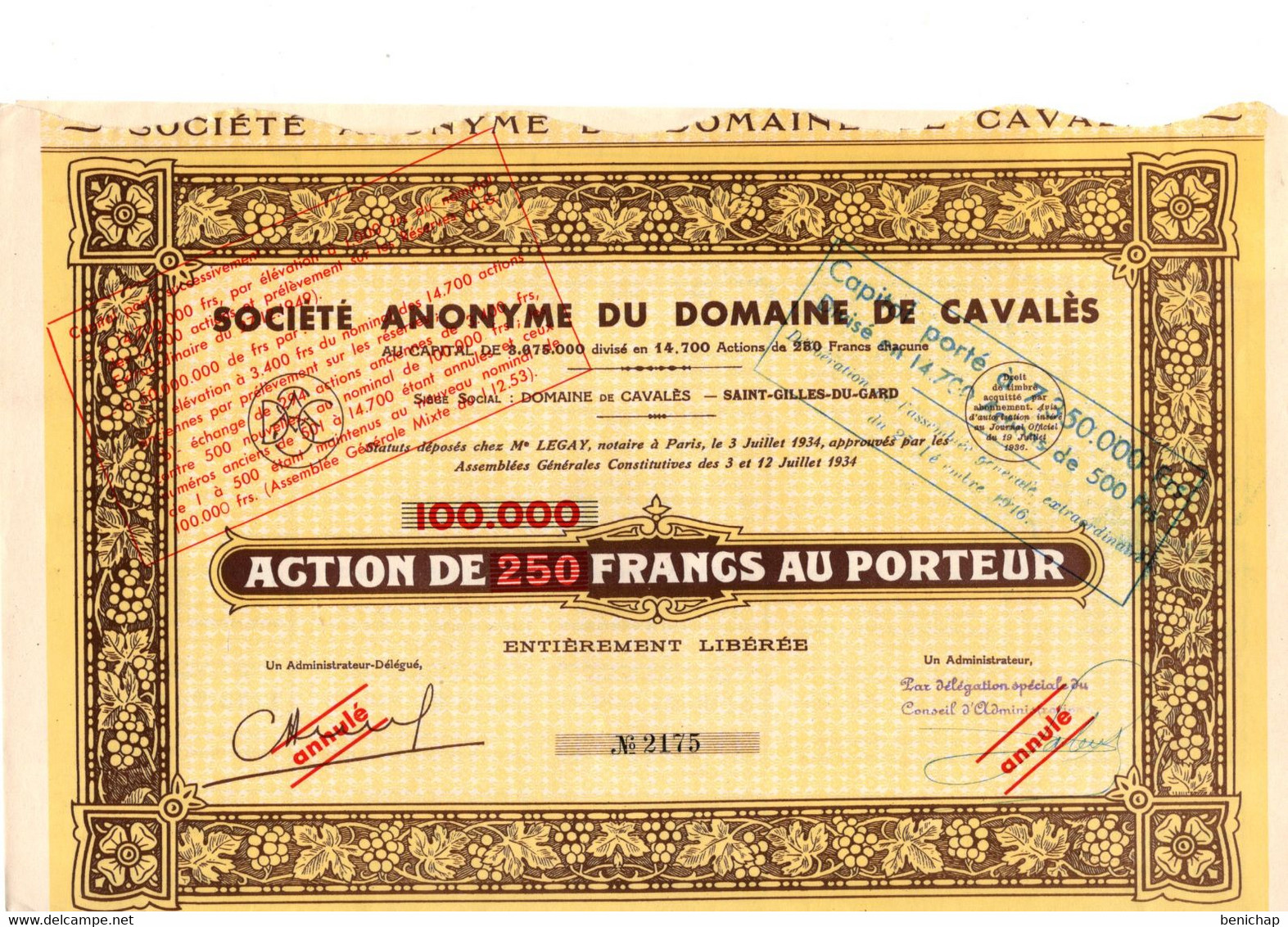 Action De 250 Frcs Au Porteur - S.A. Du Domaine De Cavalès - Saint-Gilles-du-Gard 1934. - Agriculture