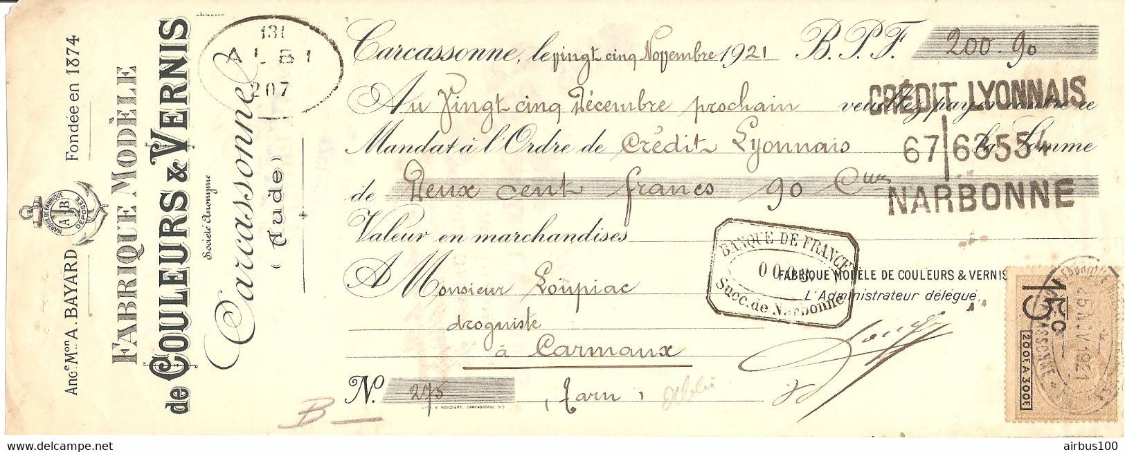TRAITE 1921 - CARCASSONNE MAISON BAYARD FABRIQUE MODELE DE COULEURS & VERNIS - CARMAUX TARN - Droguerie & Parfumerie