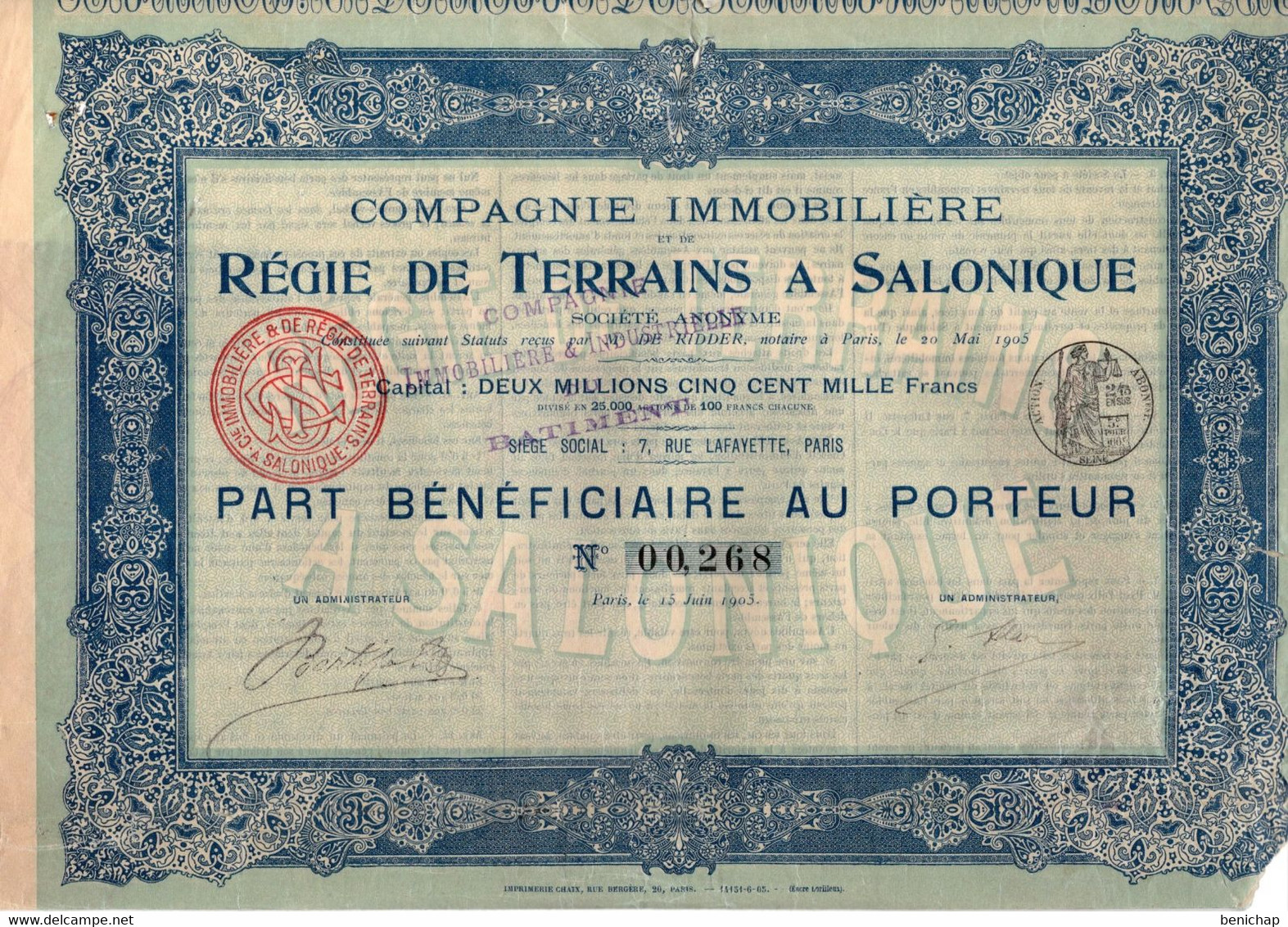 Part Bénéficiaire Au Porteur - Compagnie Immobilière Et De Régie De Terrains à Salonique - Paris 1905. - Banco & Caja De Ahorros