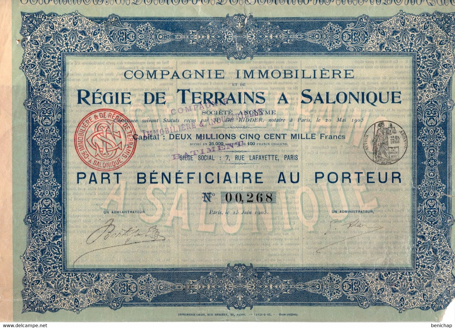 Part Bénéficiaire Au Porteur - Compagnie Immobilière Et De Régie De Terrains à Salonique - Paris 1905. - Banque & Assurance