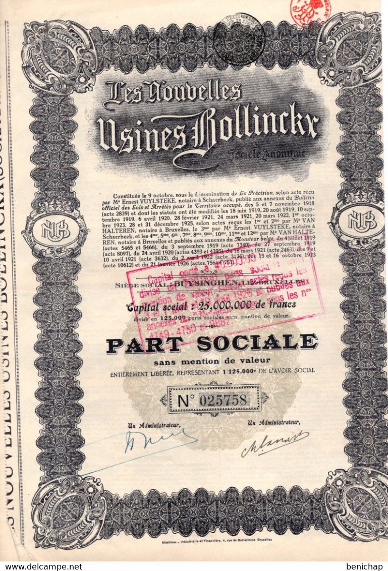 Part Sociale Sans Mention De Valeur - Les Nouvelles Usines Rollinckx S.A. - Buysinghen-Lez-Bruxelles - 1926. - Industrie