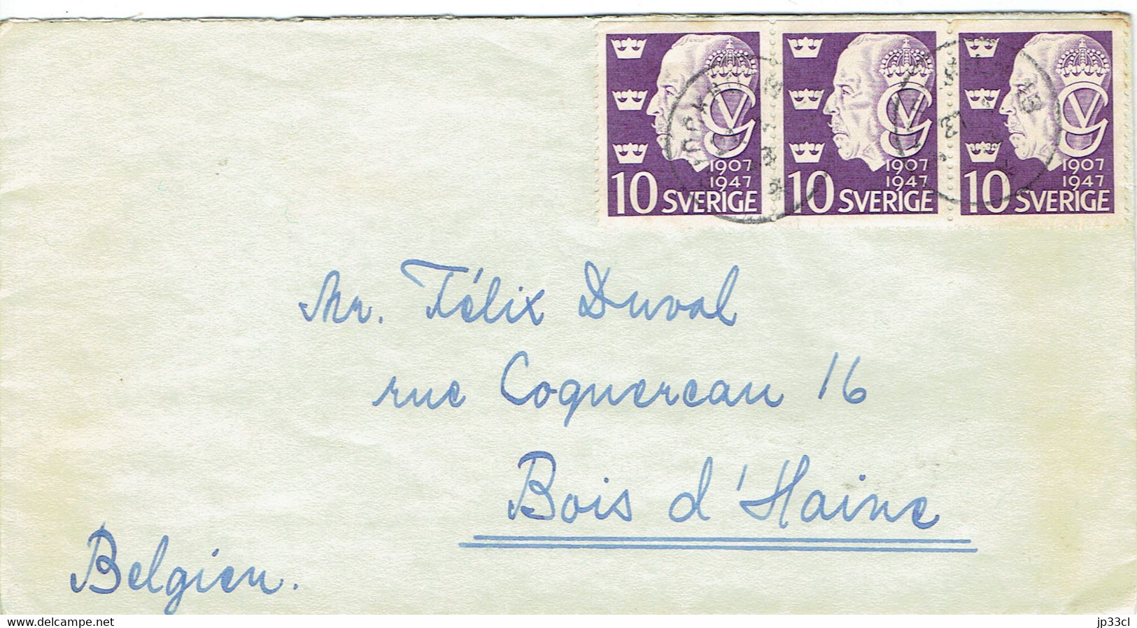 Strip Of 3 Stamps King Gustav V Profile 10 On Cover From Stockholm To Belgium (year 1947) - Otros & Sin Clasificación