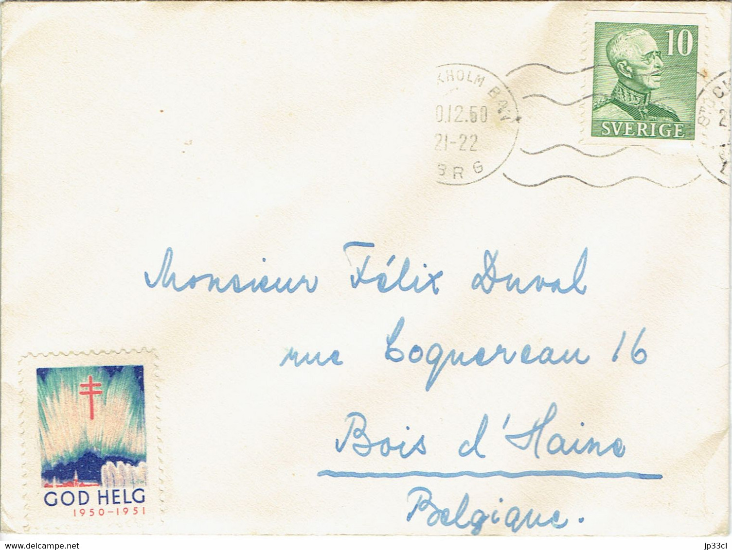 Cover From Stockholm To Belgium (year 1960) With Vignette God Helg 1950-51 - Autres & Non Classés