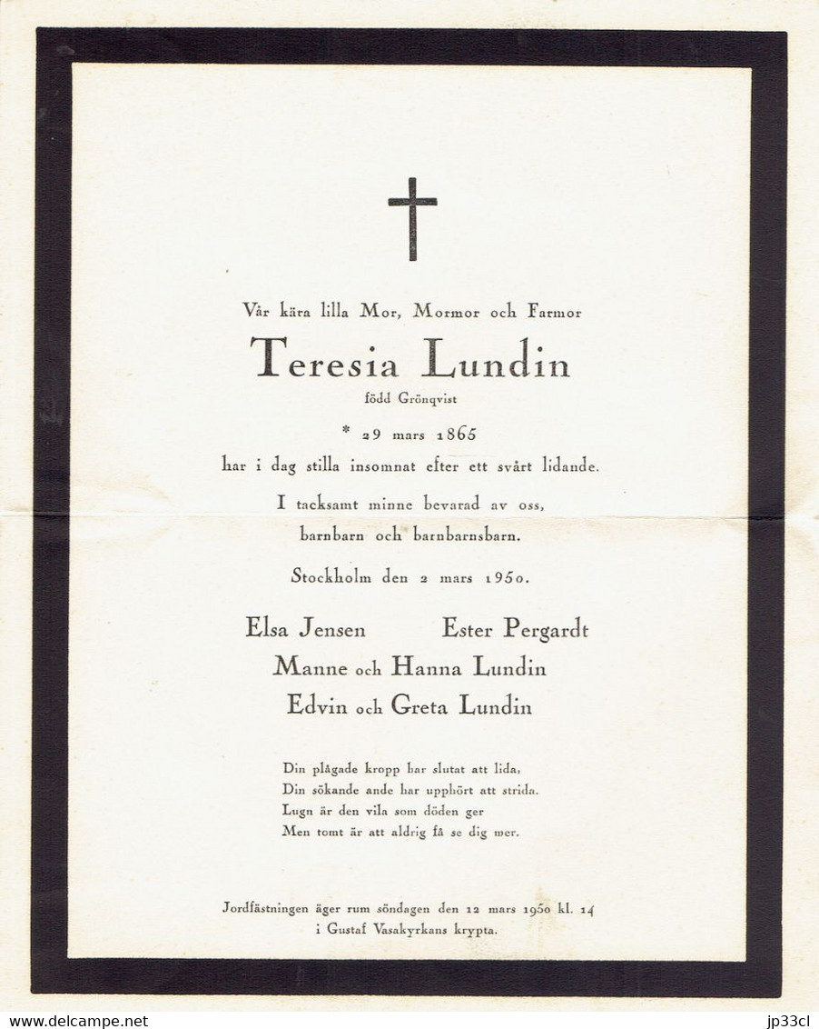Death Announcement Of Teresia Lundin (född Grönqvist) 1865-1950 Stockholm 2 Mars 1950 - Obituary Notices