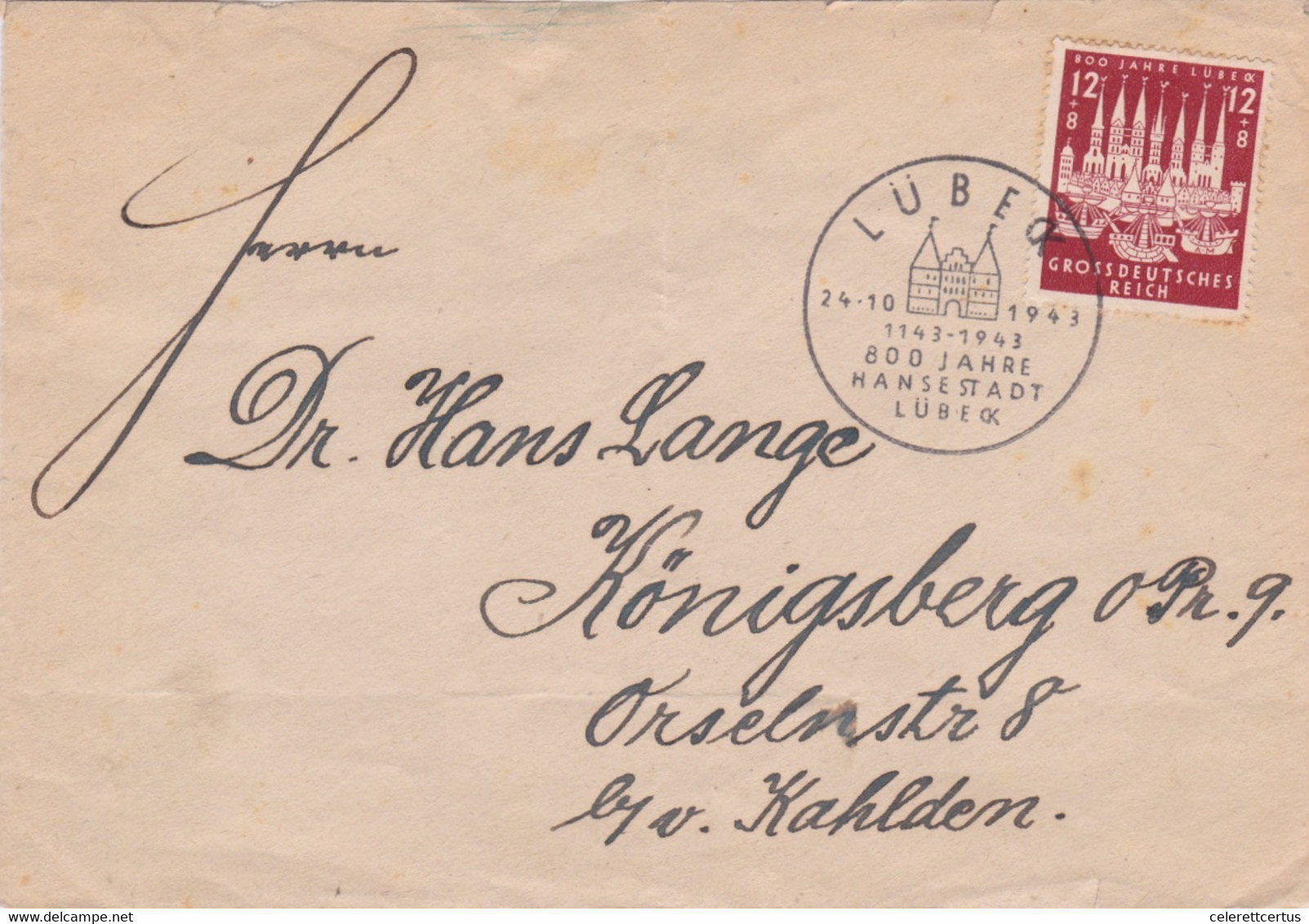 Germany-1943 Third Reich 12 + 12 Pf Red 800th Year Commemoration Of Lubeck First Day Cover - Briefe U. Dokumente