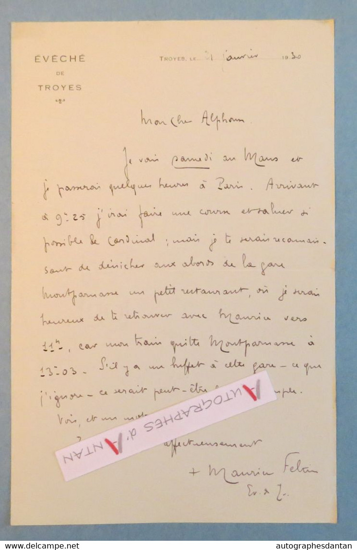 L.A.S 1930 Maurice FELTIN Evêque De TROYES - Delle Thiais - Lettre Autographe Futur Cardinal - Le Mans Montparnasse - Andere & Zonder Classificatie