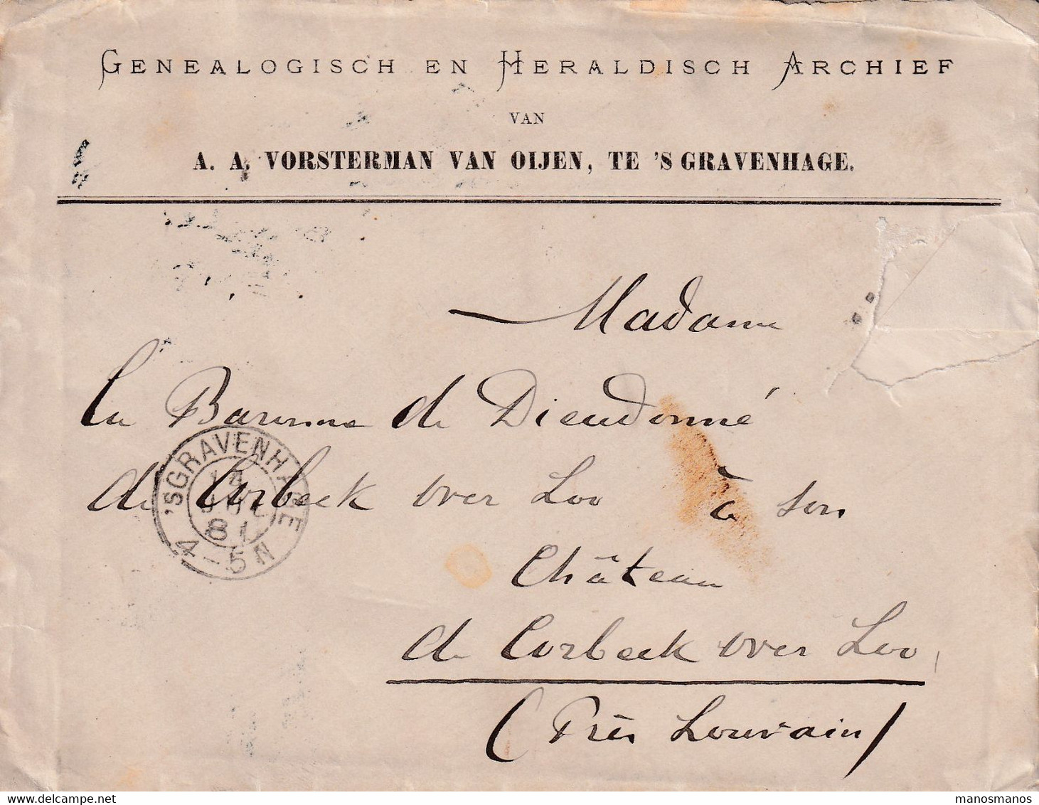 DDY 091  - NEDERLAND Lettre (Timbre Manque) Entete + Label Genealogisch Heraldisch Archief S' GRAVENHAGE 1881 - Errors & Oddities