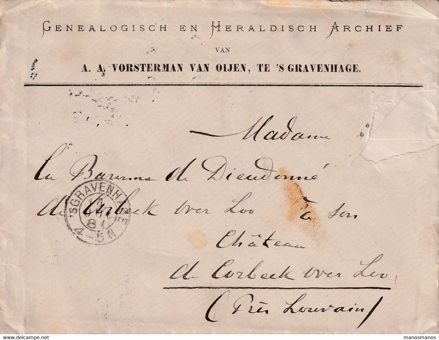 DDY 091  - NEDERLAND Lettre (Timbre Manque) Entete + Label Genealogisch Heraldisch Archief S' GRAVENHAGE 1881 - Plaatfouten En Curiosa