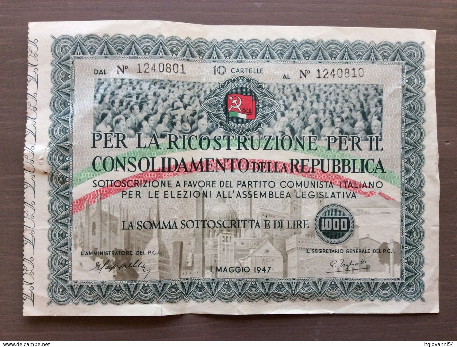 PCI Rarissima Cartella Del 1947 £. 1.000 Ricostruzione E Consolidamento Repubblica - Non Classés