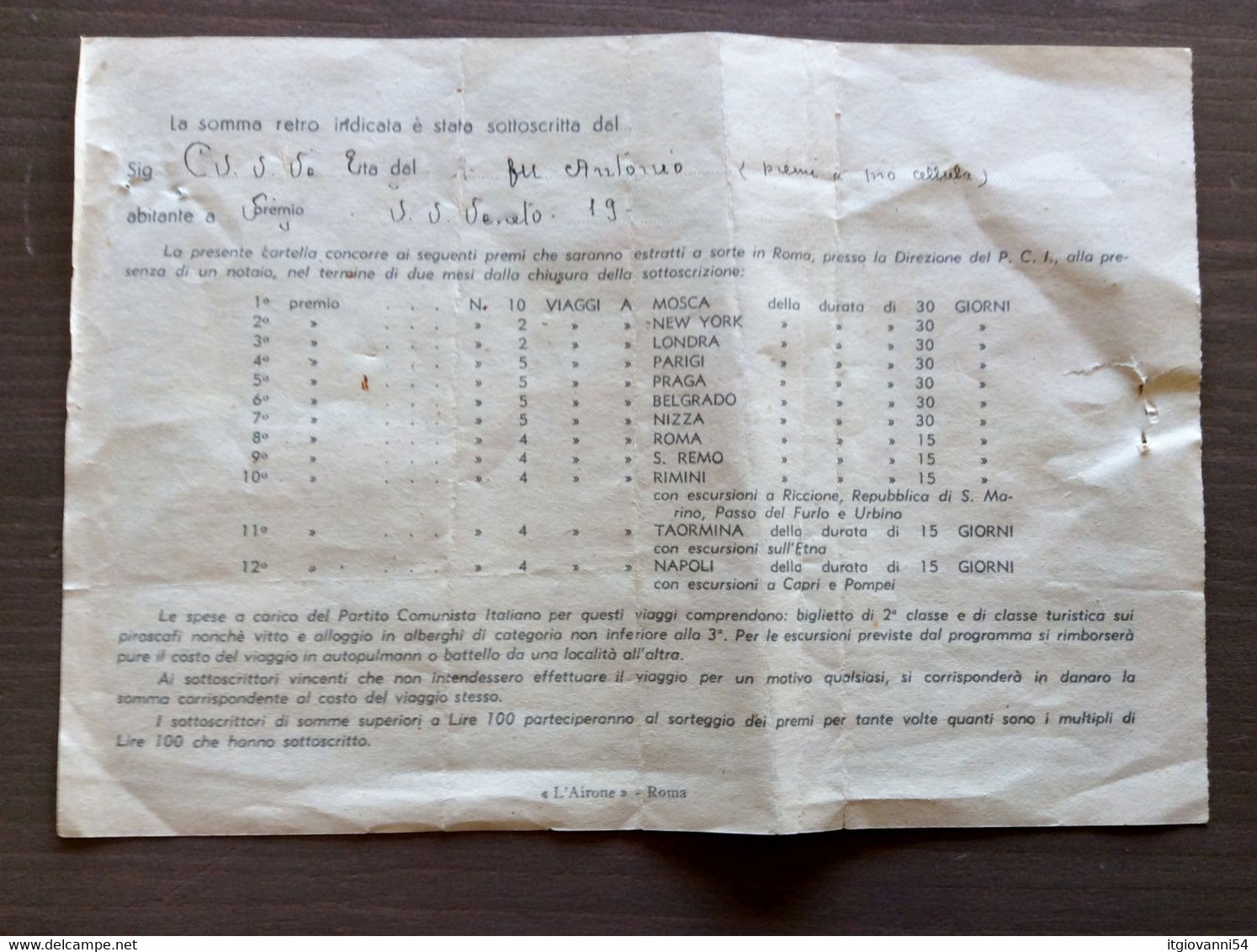 PCI Rarissima Cartella Del 1947 £. 1.000 Ricostruzione E Consolidamento Repubblica - Non Classés