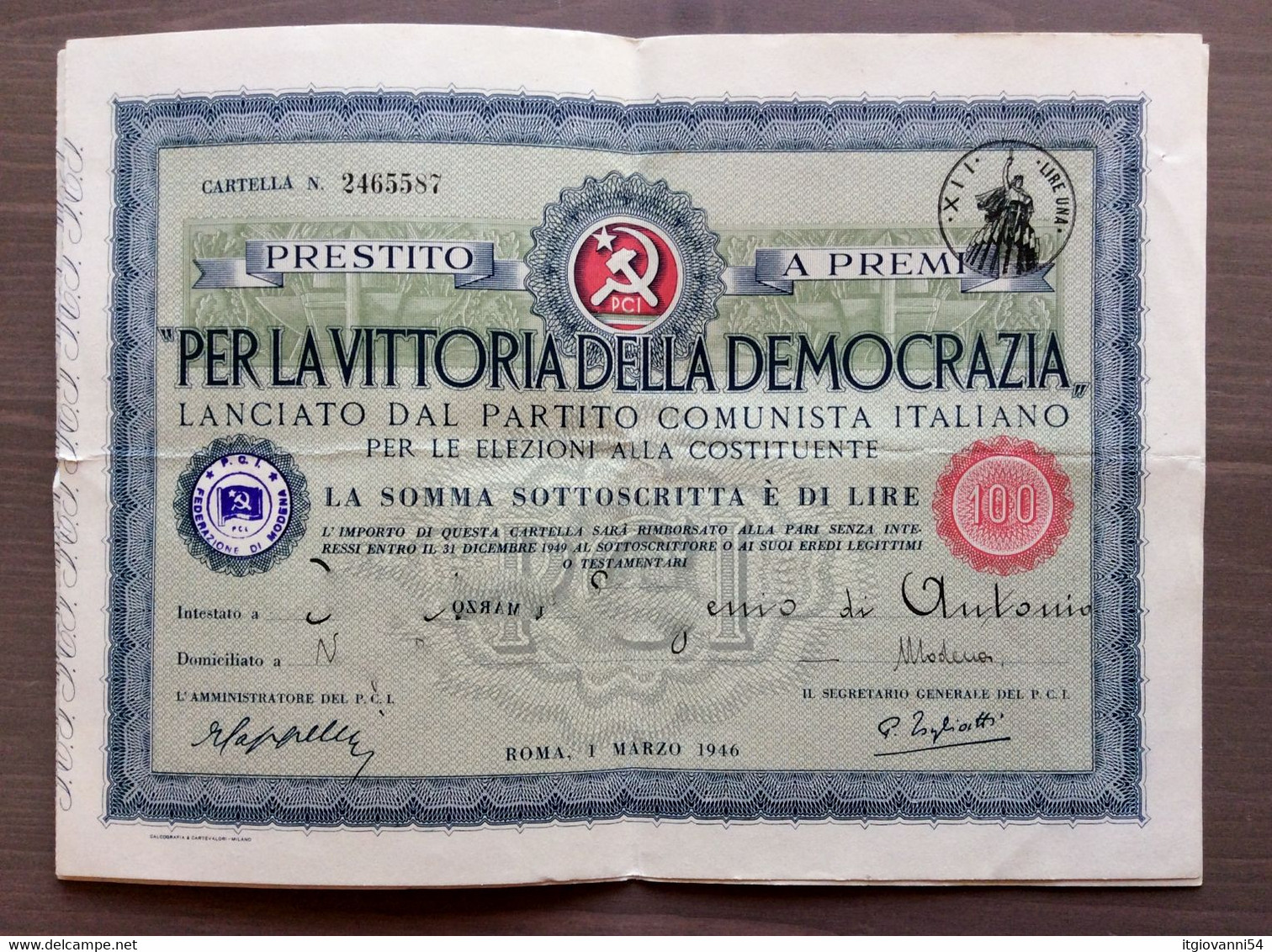 PCI Cartella Per La Vittoria Della Democrazia Da £. 100 - Sin Clasificación