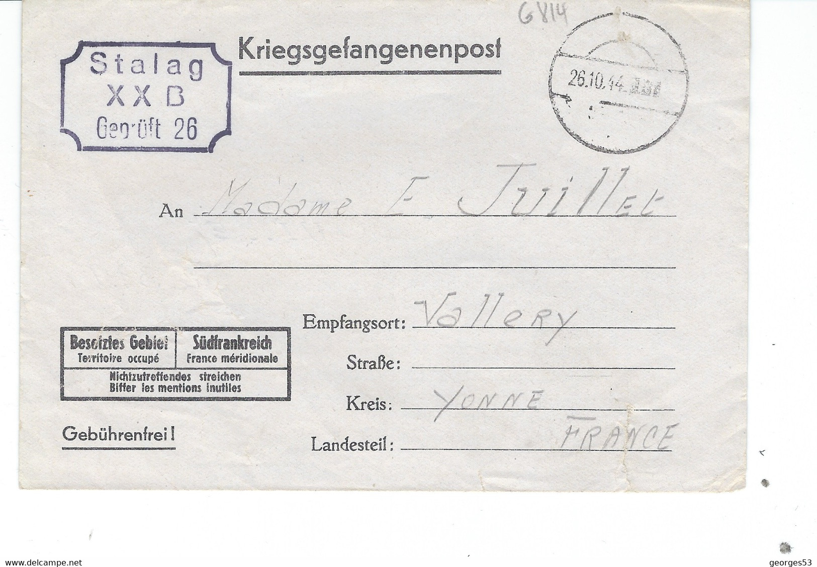 LETTRE POSTALE  Kriegsgefangenenpost Correspondance Des Prisonniers De Guerre  26/10/44  STALAG XX B - Lettres & Documents