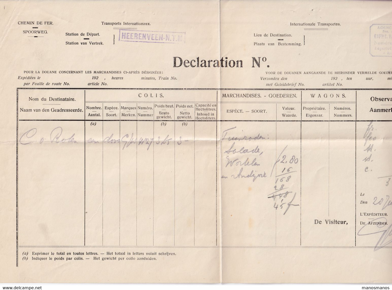 DDY 101 - Déclaration En Douane - Station De Départ Encadrée Violette HEERENVEEN N.T.M 1940 Vers ESSCHEN - Tren