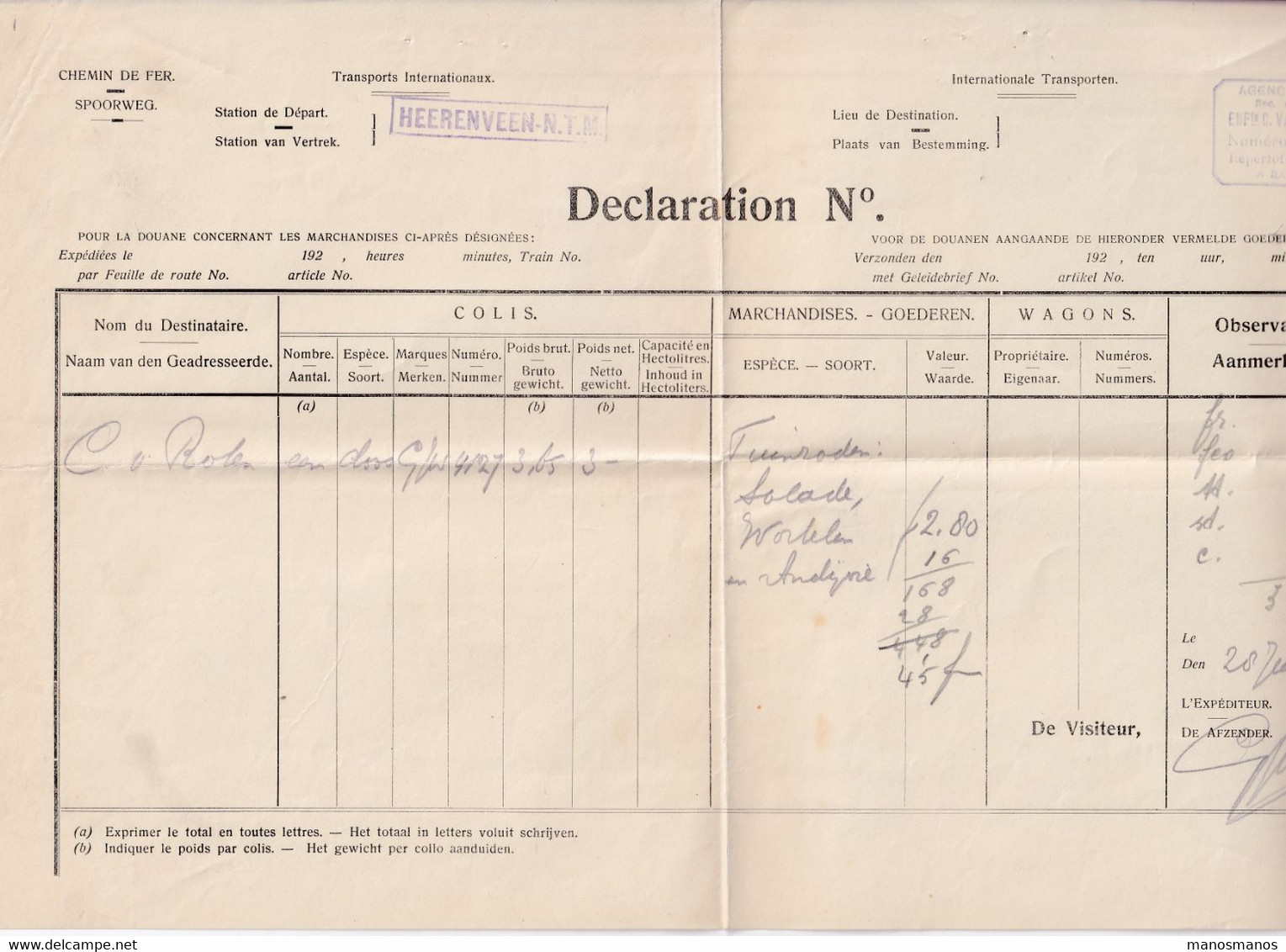 DDY 101 - Déclaration En Douane - Station De Départ Encadrée Violette HEERENVEEN N.T.M 1940 Vers ESSCHEN - Chemins De Fer