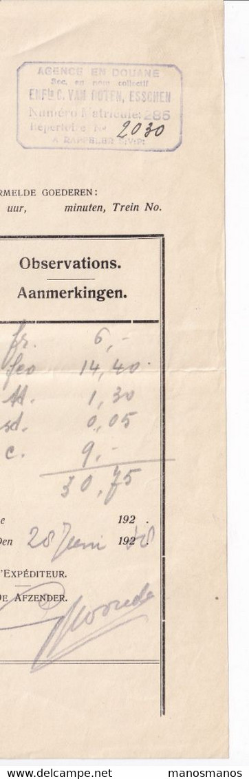 DDY 101 - Déclaration En Douane - Station De Départ Encadrée Violette HEERENVEEN N.T.M 1940 Vers ESSCHEN - Railway