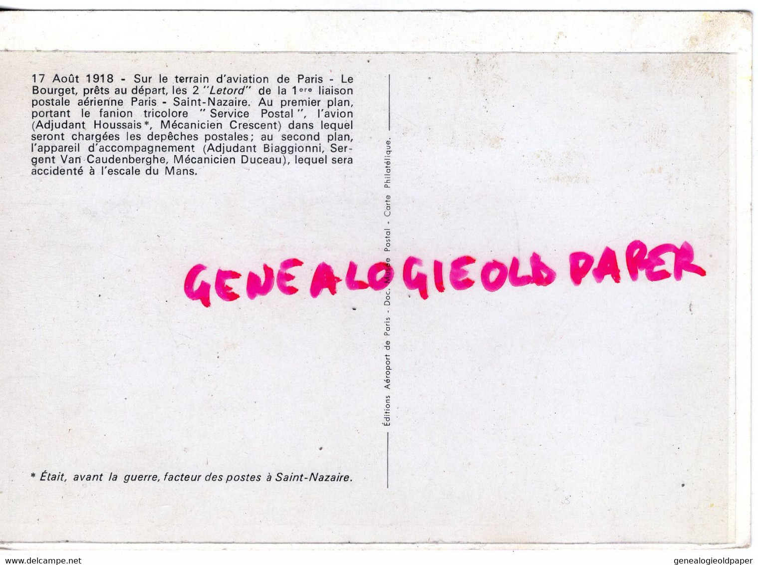 AVIATION-  PARIS- 17 AOUT 1968- 1 ERE LIAISON POSTALE REGULIERE 1918- LE BOURGET AU DEPART LES 2 LETORD SAINT NAZAIRE - Altri & Non Classificati