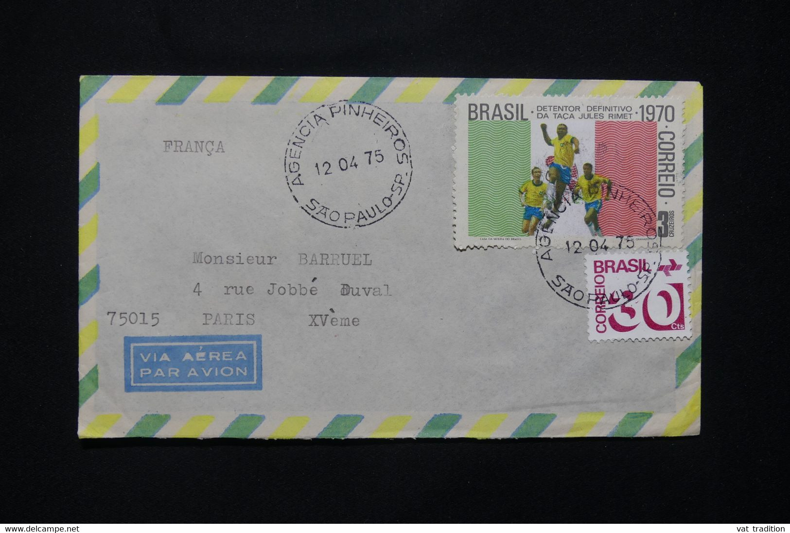 BRÉSIL - Enveloppe De Sao Paulo Pour La France Par Avion En 1975 - L 77889 - Covers & Documents