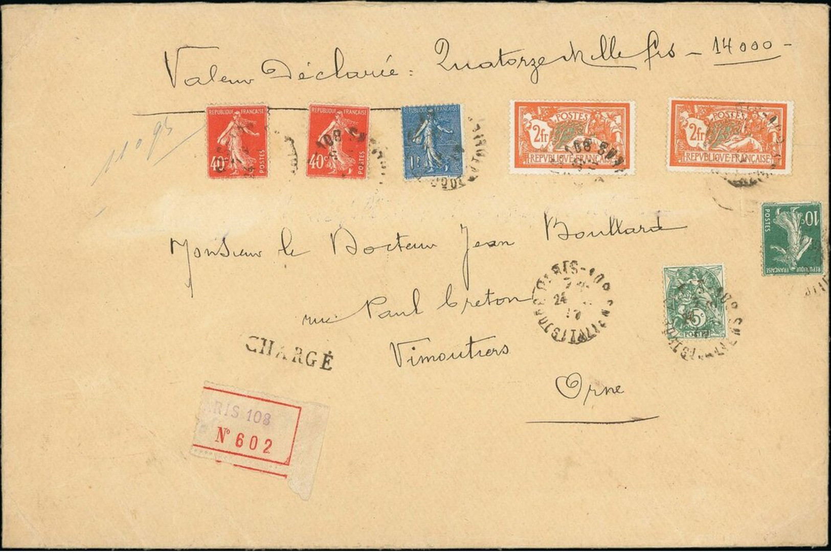 France 1906-24 "Merson" Issue 2f. Orange And Blue-green, "Broken Shield" Variety, - 1900-27 Merson