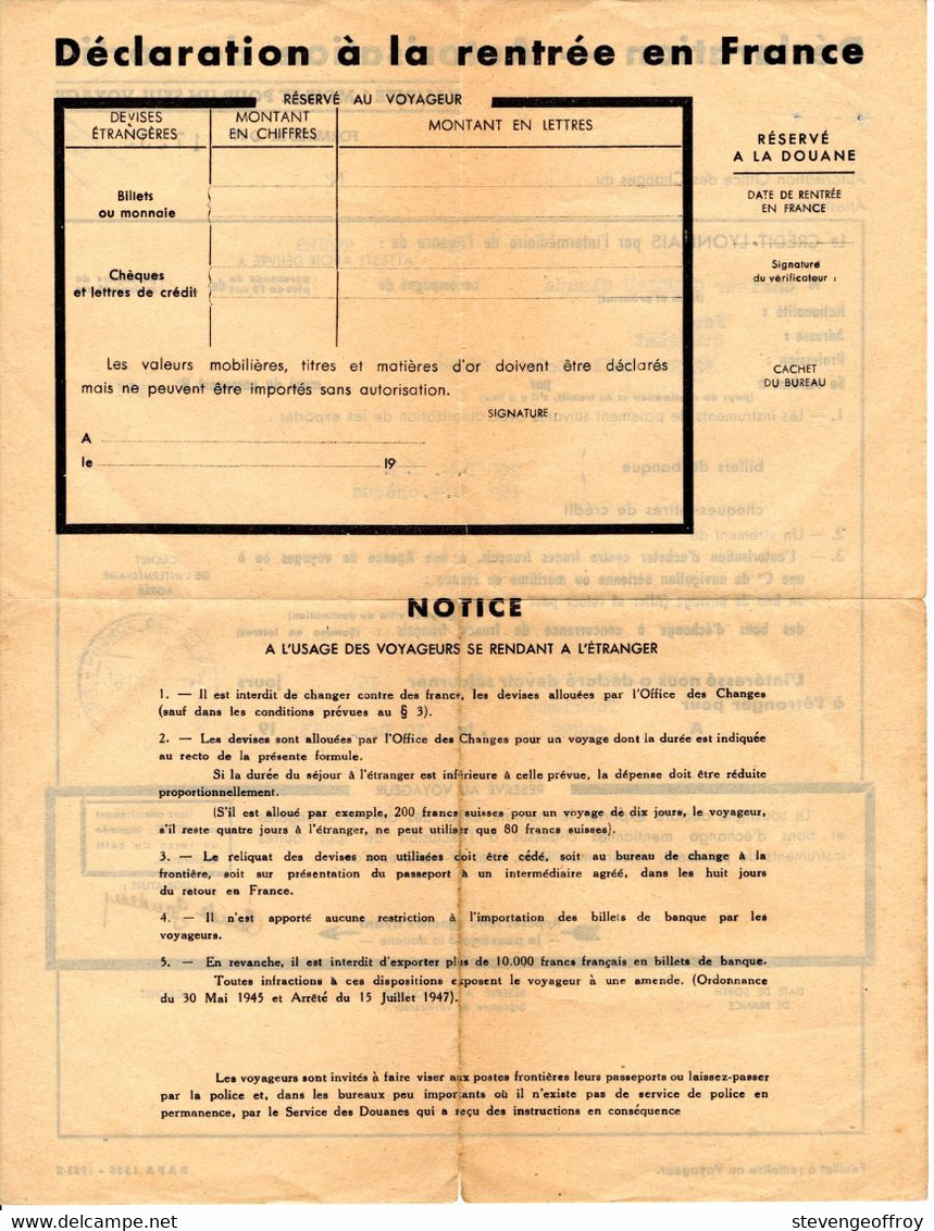 Declaration Autorisation De Sortie Credit Lyonnais Tours Gaudeau Claude Allemagne Monnaie Transfert Voyage Voyageur 1953 - Historische Dokumente
