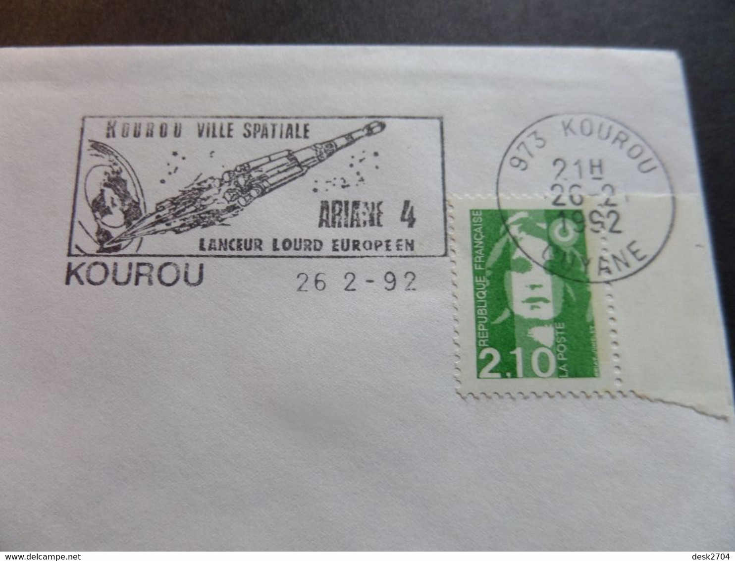 Enveloppe Flamme KOUROU Ville Spatiale, ARIANE 4, Lanceur Lourd Européen, Cachet 973 21h 26-2.1992 GUYANE - Südamerika