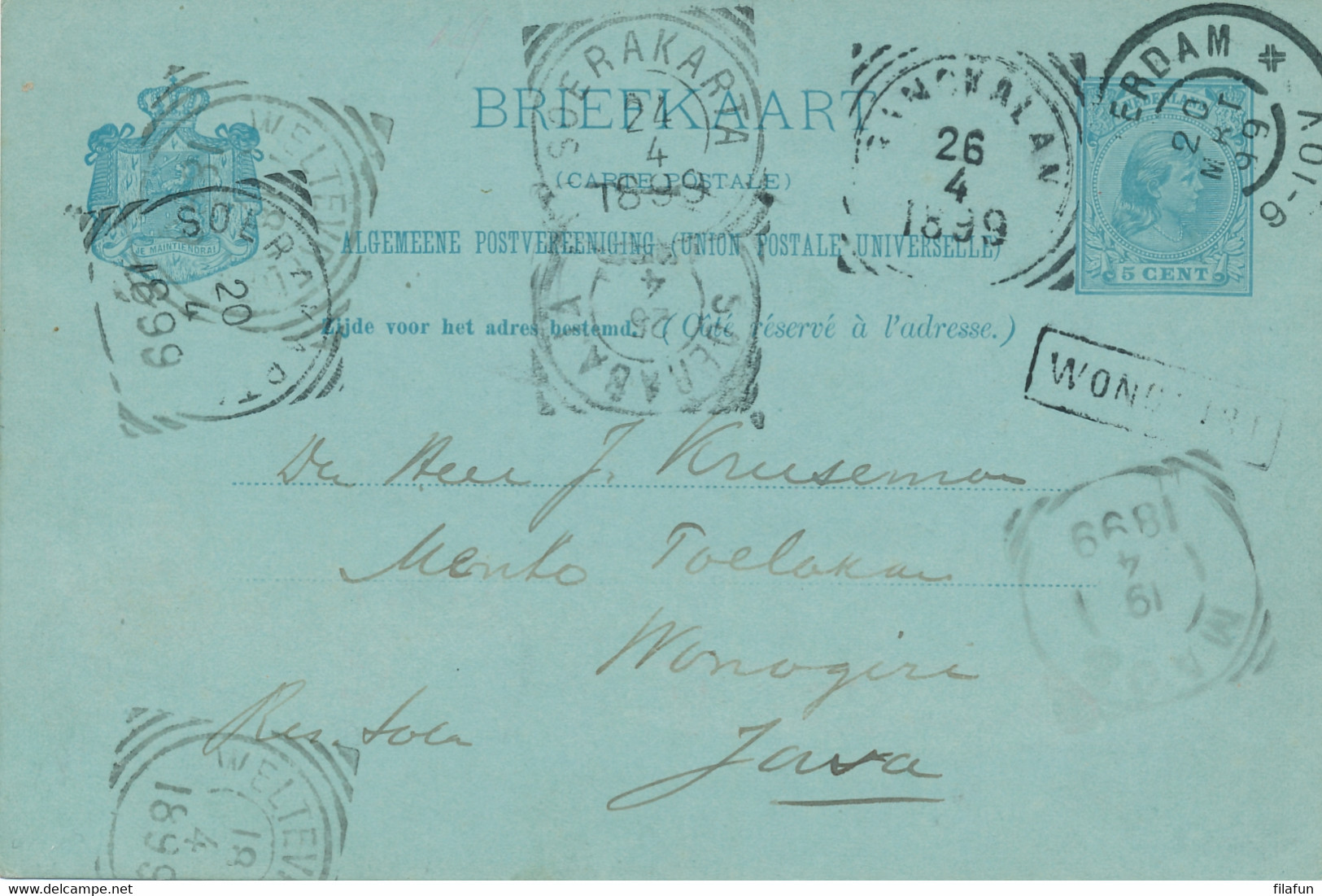 Nederlands Indië - 1899 - Zwerf Briefkaart Van Rotterdam Naar L WONOGIRI - 7 Stempels - Netherlands Indies