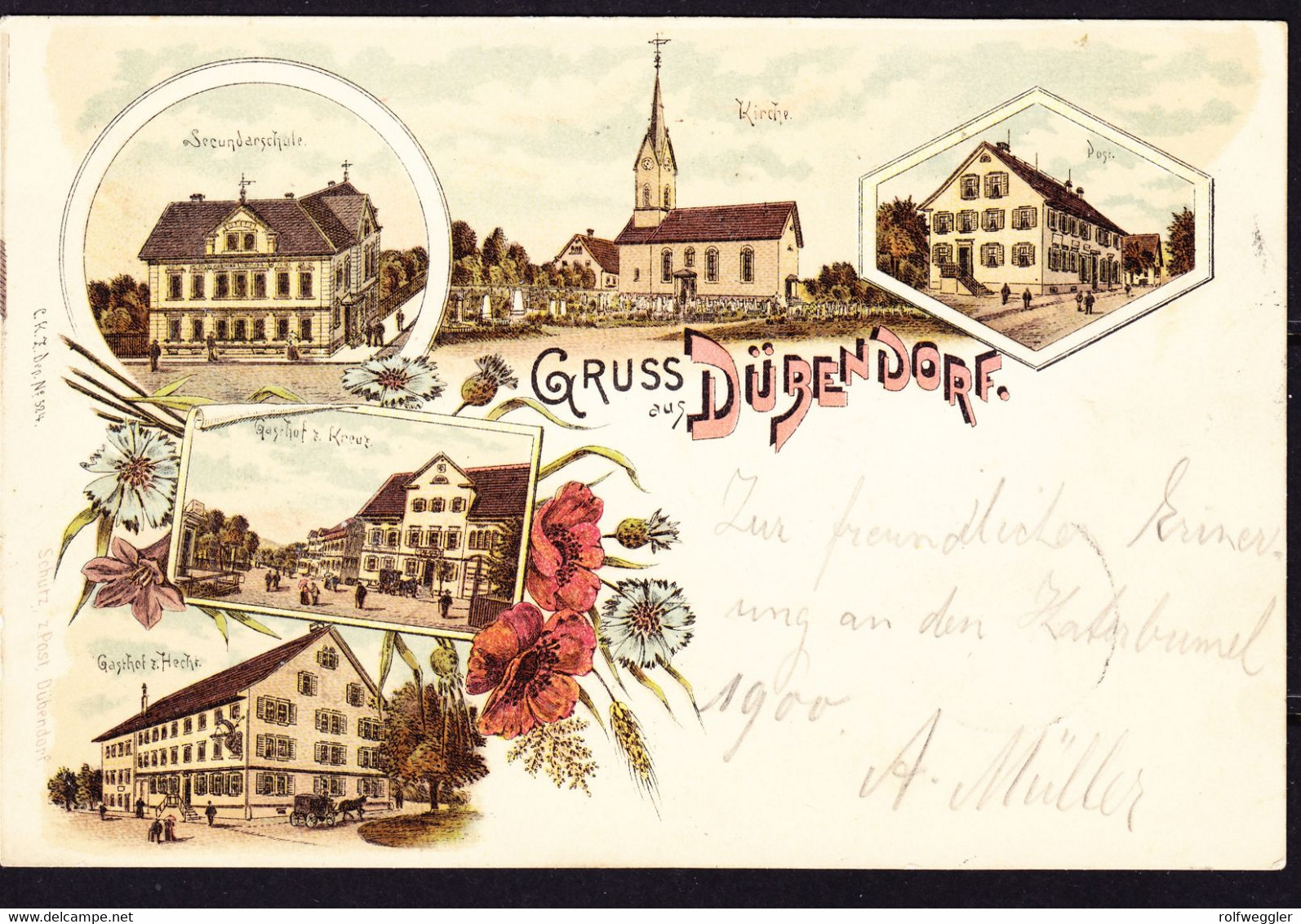 1900 Gelaufene Litho AK: Gruss Aus Dübendorf, 5 Bildrig: Gasthof Hecht Und Kreuz, Post, Sek.schule Und Kirche - Dübendorf