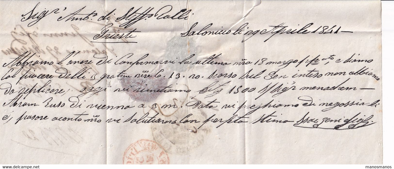 DDY 114 - Lettre Précurseur 1841 De SALONICH (Grèce) Vers TRIEST - Verso Désinfection SEMLIN Cachet + Cire - Oostenrijkse Levant